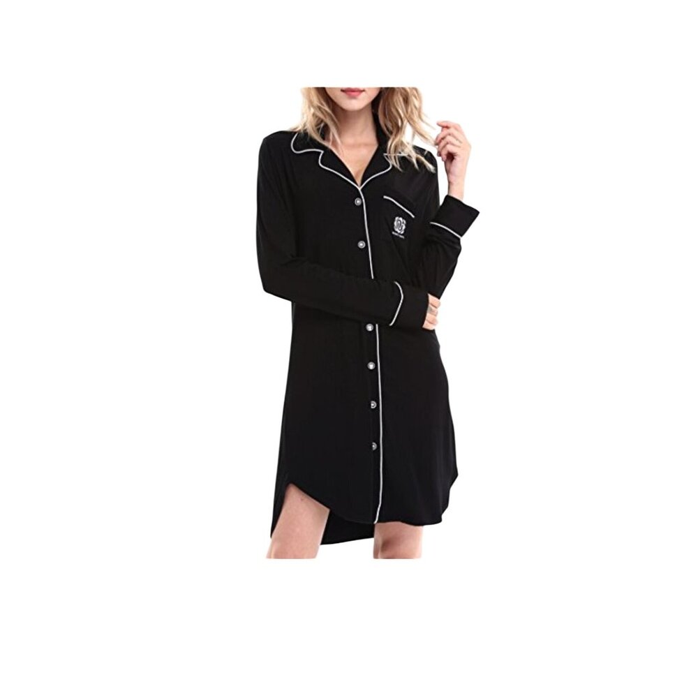 Nora Twips Womens Button-Down Black Nightshirt Pajama Embroidered Logo Medium - Picture 1 of 8